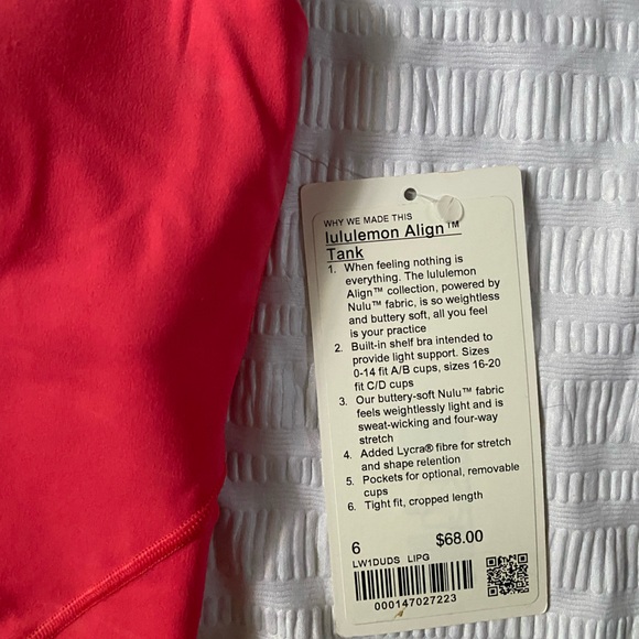 NWT Lululemon Align tank in lip gloss - size 6 - Picture 4 of 4